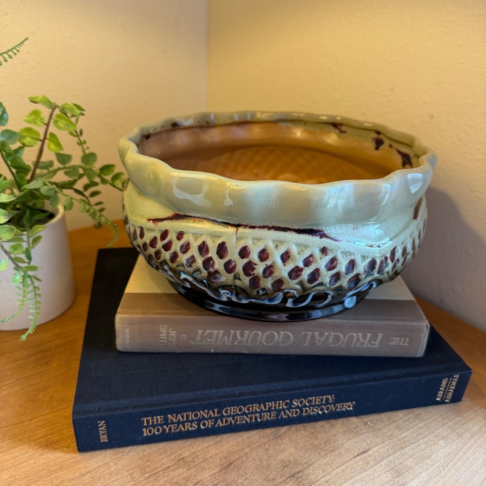 Decoware Studio Pottery Planter Bowl Scalloped Rim Art Pottery Drip Glaze 10"